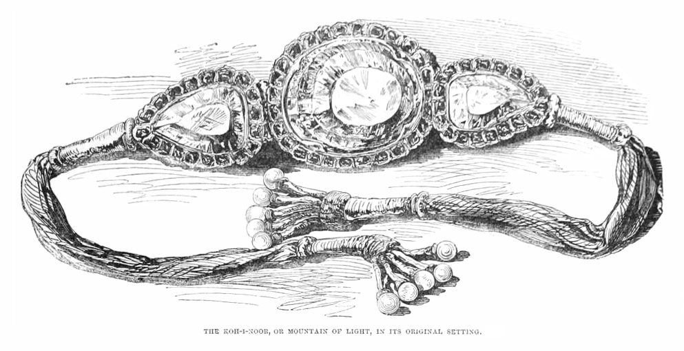 Illustration ancienne du diamant Koh-i-Noor monté dans un bracelet, Exposition universelle de 1851